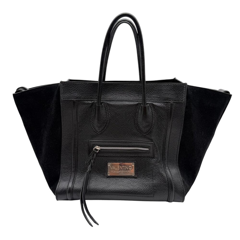 Mario Valentino | Cynthia Black Leather Suede Trapeze Tote Bag Italy